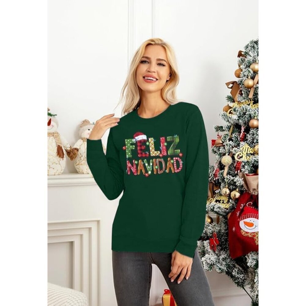 Women Christmas Sweatshirt Bright Lights Santa Feliz Navidad Mexican Holiday Top - Picture 5 of 5